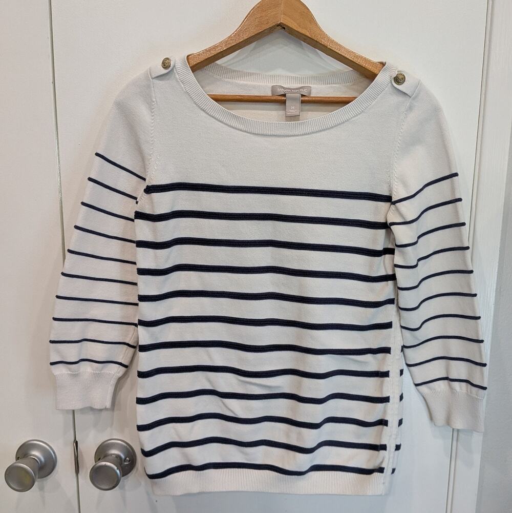 Nautical Striped Knit Sweater Cream Navy Anchor Button Coastal Banana Republic M
